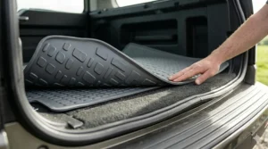 A detailed close-up of a person's hand smoothing down a heavy-duty, patterned grey rubber anti-slip mat into the boot of an estate car to create an anti-vibration base.