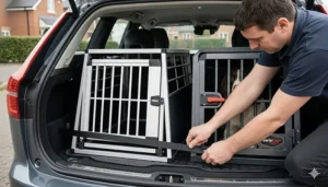 A step-by-step graphic showing the installation and securing of a Thule dog crate using tie-down straps.