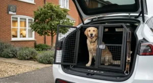 An adult Golden Labrador sitting comfortably inside a large, rattle-free dog crate in a Tesla Model Y.