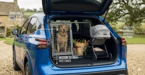 A medium 30-inch dog crate in a Nissan Qashqai boot, demonstrating remaining space for a pram and bags of groceries.