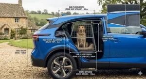 Technical diagram showing Nissan Qashqai boot dimensions in centimetres, including floor length and width between wheel arches for a dog crate.