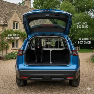A black German Shepherd sitting in a Nissan Qashqai boot equipped with a metal dog guard and an adjustable boot divider.