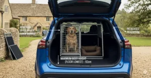 Illustration showing the removal of Nissan Qashqai Divide-N-Hide floor boards to increase vertical boot height for a taller dog crate.