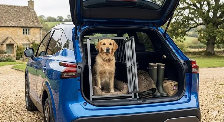 A Golden Retriever sitting inside a dog crate fitted in the boot of a Nissan Qashqai, parked on a gravel driveway in front of a stone cottage. Nissan Qashqai dog crate size