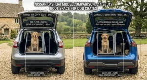 Side-by-side comparison of Nissan Qashqai J11 and J12 models, highlighting differences in boot space for selecting the correct dog crate size.