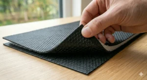 Detail of the anti-slip rubber mesh backing on a dog boot protector for secure driving on British roads.