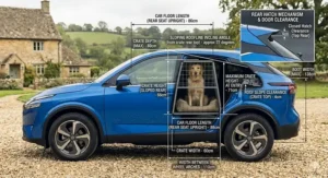 Side profile illustration of a Nissan Qashqai displaying the boot incline angle and rear hatch clearance for fitting a dog cage.