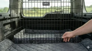 A photorealistic close-up view within a large black wire dog cage positioned in a car boot, focusing on a thick, quilted, dark grey fabric boot liner placed underneath to absorb noise.