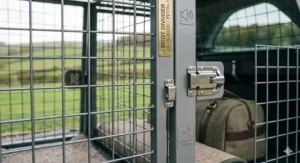 Detail of the powder-coated finish and bolt-work on a rattle-proof dog crate designed for quiet transit on UK country roads.