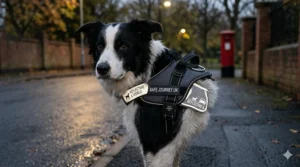 A Border Collie wearing a harness with highly reflective 'SAFE JOURNEY UK' patches during an evening walk on a damp British street.