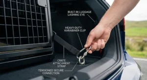 A close-up photograph illustrating how to secure a dog crate in a VW Golf boot, showing a heavy-duty karabiner clip attaching a strap to the car's built-in luggage lashing eye.