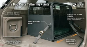 Diagram showing a dog crate secured to a vehicle's ISOFIX load loops using heavy-duty reinforced tension straps for maximum stability.