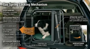Illustration of a one-handed gas spring locking system with a soft-close door, designed for ease of use while holding a dog lead.