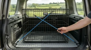 A photorealistic close-up view of a black wire dog crate anchored tightly to metal lashing points in a car boot using blue bungee cords to stop rattle noise.