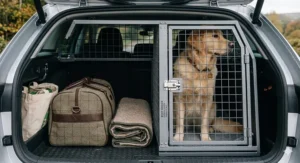 Close-up of a tailor-made boot divider and dog guard in a Skoda Octavia Estate, maximising luggage space alongside the pet area.