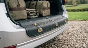 A heavy-duty fabric bumper protector folded out from a Skoda Octavia Estate boot to prevent claw scratches during loading.