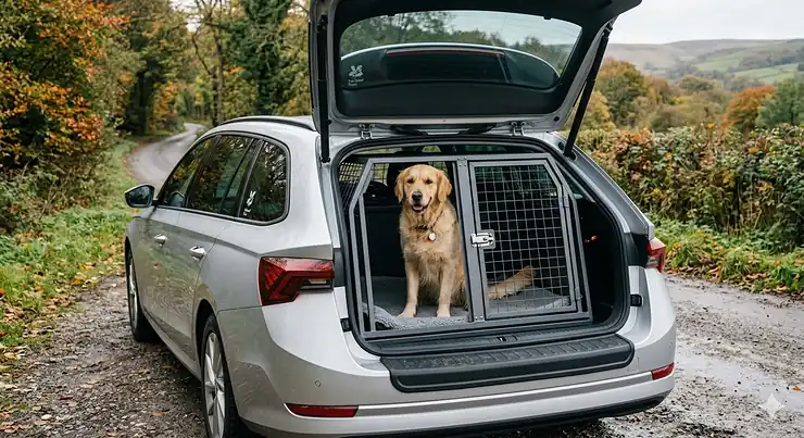 A custom-fit metal dog crate installed in the boot of a silver Skoda Octavia Estate, showing a secure and spacious travel solution for British pet owners. Skoda Octavia estate dog crate