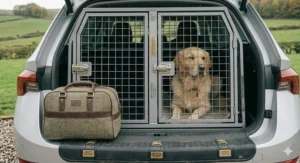 A waterproof rubber boot mat placed underneath a dog crate in a Skoda Octavia Estate to protect the interior from muddy paws and spills.
