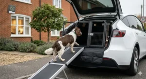 A dog using a folding ramp to enter a Tesla Model Y, featuring a padded bumper protector to prevent scratches.
