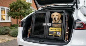 A crash-tested steel dog cage secured in a Tesla Model Y for maximum pet safety on UK roads.