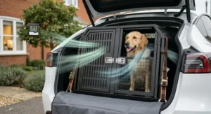 Close-up of the mesh ventilation on a Tesla Model Y dog crate to keep pets cool during British summer trips.