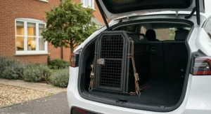 A compact dog crate positioned in the Tesla Model Y boot with the rear passenger seats remaining fully upright.