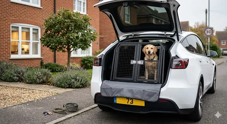 A premium custom-fit dog crate installed in the boot of a Tesla Model Y, showing plenty of space for a large breed dog. Tesla Model Y dog crate