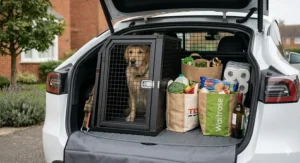 A Tesla Model Y boot divider showing a dog crate on one side and grocery shopping bags from a UK supermarket on the other.