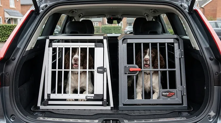 A side-by-side comparison of the Thule Allax and MIM Safe VarioCage crash-tested dog crates fitted in a car boot. Thule vs VarioCage dog crate