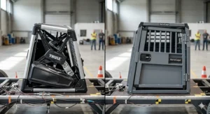 An illustration comparing the crumple zone technology and safety ratings of Thule and VarioCage dog crates.