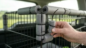 A photorealistic close-up focusing on internal joints of a dog cage where cylindrical grey foam insulation has been secured with black cable ties to prevent rattle noise in a car boot.
