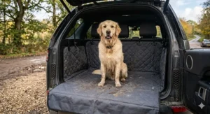 Illustration of a universal fit dog boot liner compatible with various UK SUV and estate car models.