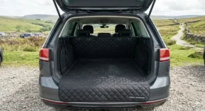 Adjustable waterproof dog boot mat designed to fit most UK estate cars and hatchbacks.