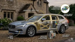 Close-up illustration of the VarioCage built-in crumple zone designed to protect both pets and rear-seat passengers.