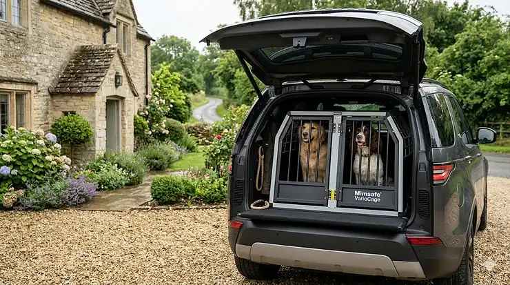 Mimsafe VarioCage crash tested crate installed in the boot of a British estate car for maximum pet safety. VarioCage crash tested crate