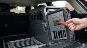 Technical drawing highlighting the rear emergency escape hatch on a VarioCage for pet safety in a collision.