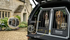 Illustration of the rear emergency escape hatch on a VarioCage crash tested crate for use if the boot door is jammed.