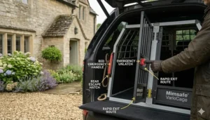 Illustration of the hydraulic gas springs on a VarioCage door for smooth opening in tight UK parking spaces.