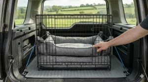 A photorealistic perspective view from an open tailgate showing a black wire dog crate quieted by layered thick grey blankets and a soft memory foam dog bed to reduce vibration.