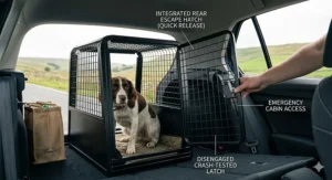 A view from inside a VW Golf rear passenger cabin looking into the boot, showing a hand accessing the integrated emergency escape hatch on a crash-tested dog crate.