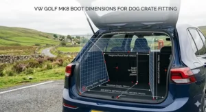 A detailed technical illustration with white dimension overlays showing the inner boot measurements in millimetres of a dark blue Volkswagen Golf Mk8, highlighting space for a dog crate.