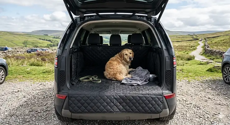 Heavy-duty waterproof dog boot liner installed in a Land Rover SUV, protecting the upholstery from wet paws. dog boot liner UK waterproof