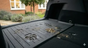 A heavy-duty waterproof liner underneath a dog crate in a Tesla Model Y, ideal for muddy walks in the UK countryside.