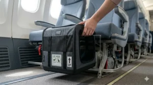 A soft-sided, airline approved small dog travel crate tucked securely under a passenger seat on a commercial aeroplane.