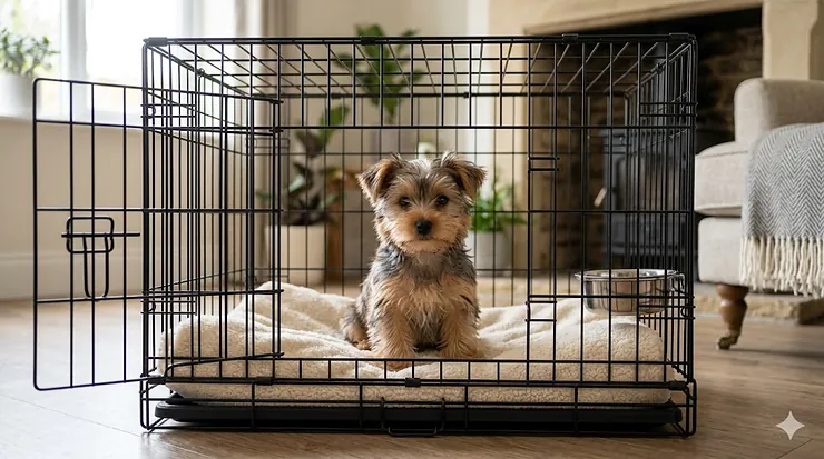 A small Yorkshire Terrier puppy sitting comfortably inside a high-quality wire dog crate with a soft fleece bed. crate for yorkshire terrier puppy