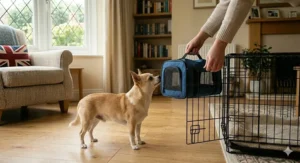 A side-by-side comparison of a standard metal wire home crate and a blue soft-sided fabric travel carrier being held by a person in a British lounge.