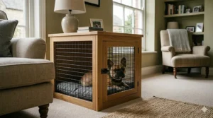 An infographic showing the ideal crate placement for a French Bulldog in a UK kitchen positioned away from radiators and draughts.