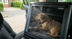 A close-up view of the ventilation zone on a small dog crate, showing the high-quality mesh designed for maximum airflow during British summer journeys.