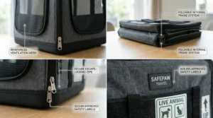 Close-up of the reinforced mesh windows and safety locking zips on an airline approved travel crate for small dogs.