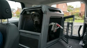 Alt text for image 3: Diagram showing a car boot damaged in a collision with the primary dog crate door rendered inaccessible.